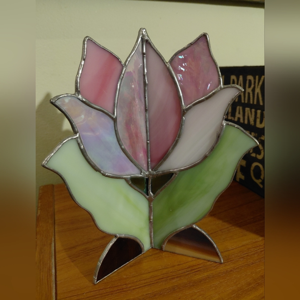 Vintage Leaded Stained Glass Free Standing Decorative Tulip
